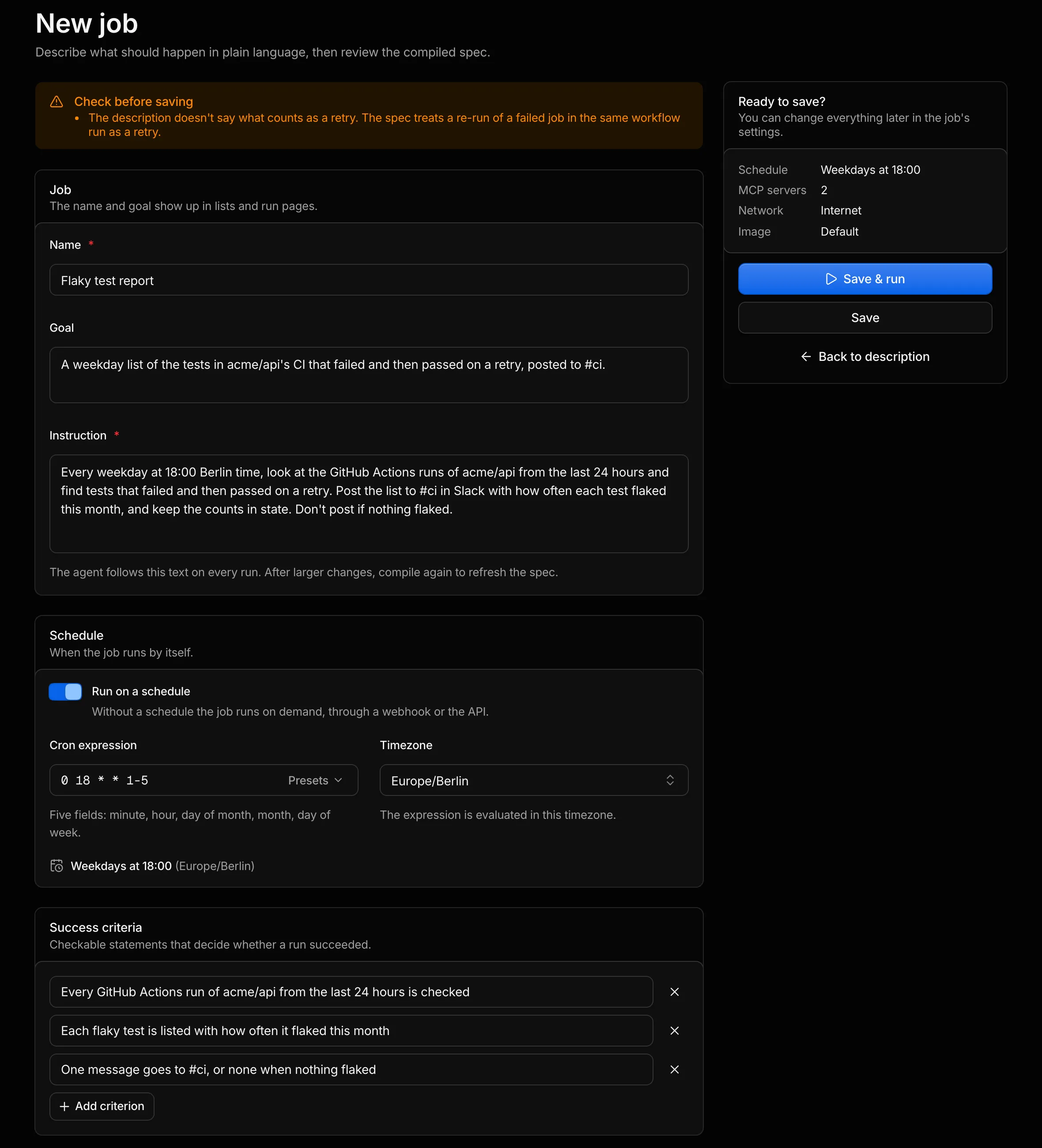 The New job page after compiling, with a warning, the spec cards and the Ready to save? panel