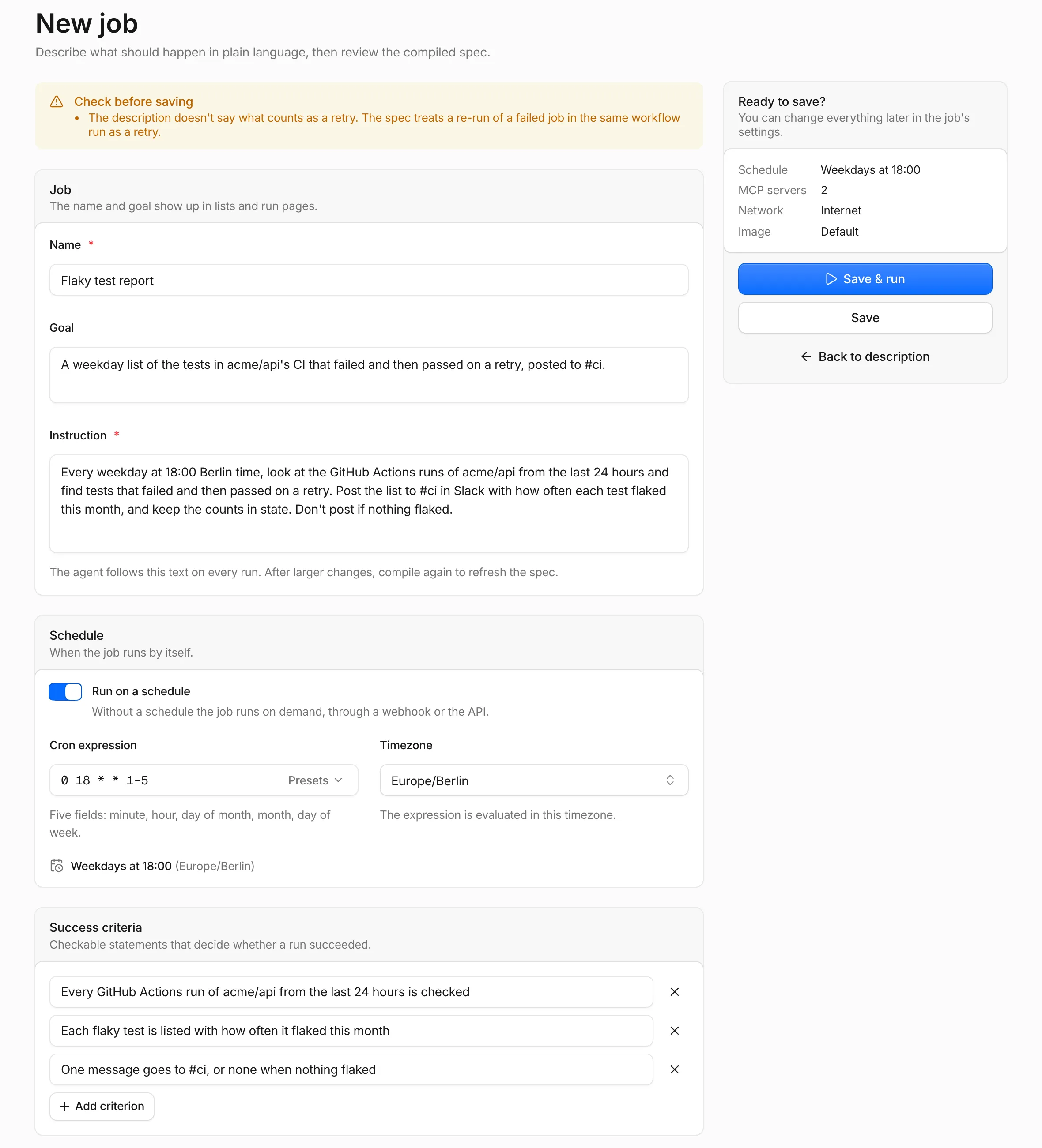 The New job page after compiling, with a warning, the spec cards and the Ready to save? panel