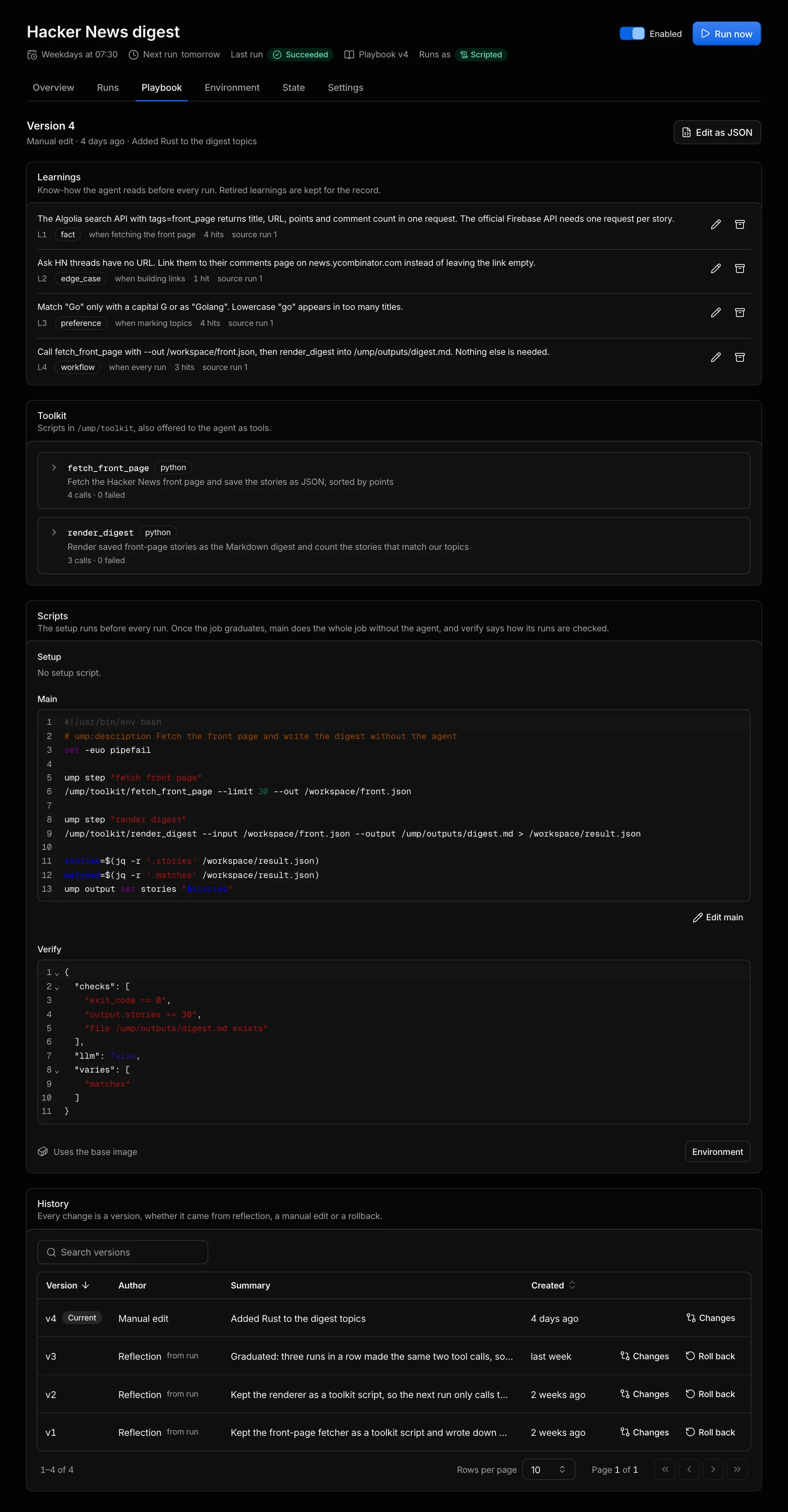 A job's Playbook tab with its learnings, toolkit scripts, the Scripts card and the version history