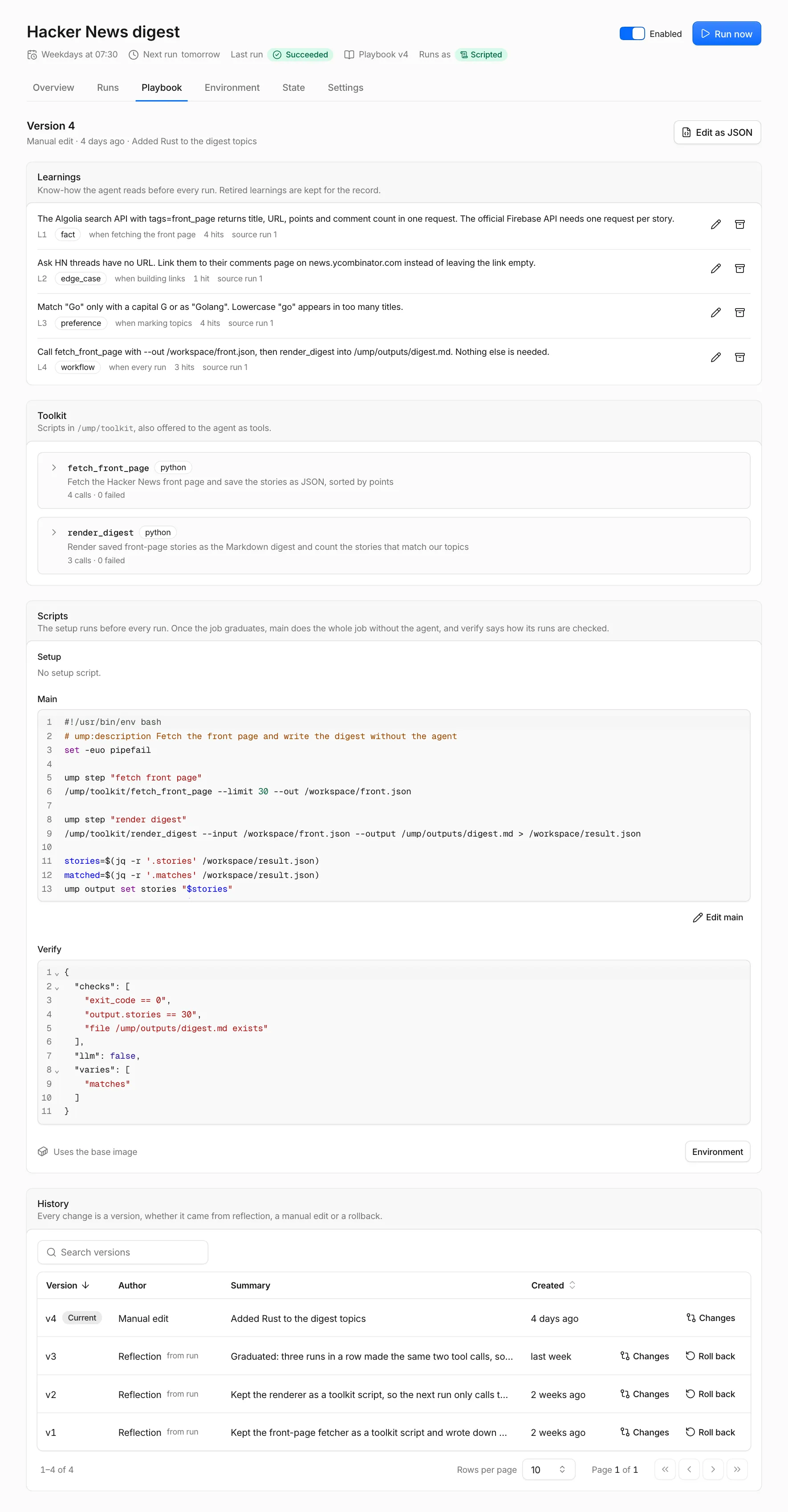A job's Playbook tab with its learnings, toolkit scripts, the Scripts card and the version history