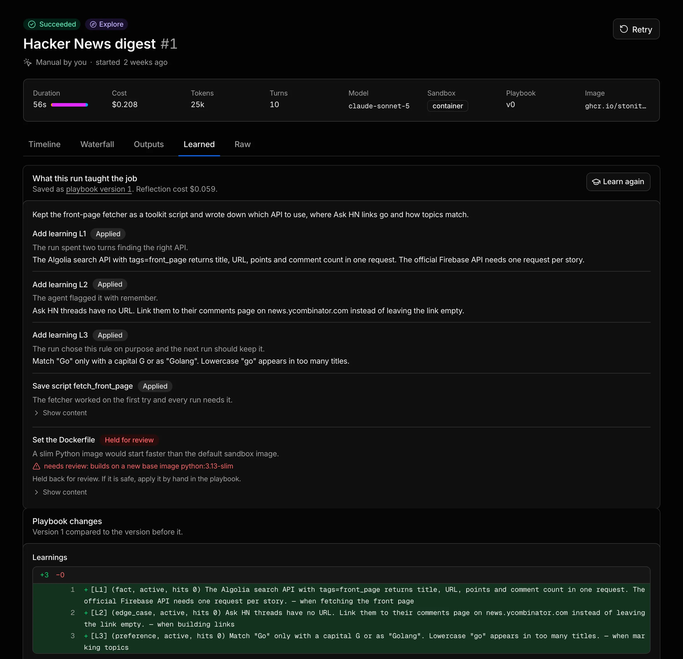 A run's Learned tab with the changes reflection applied and the playbook diff