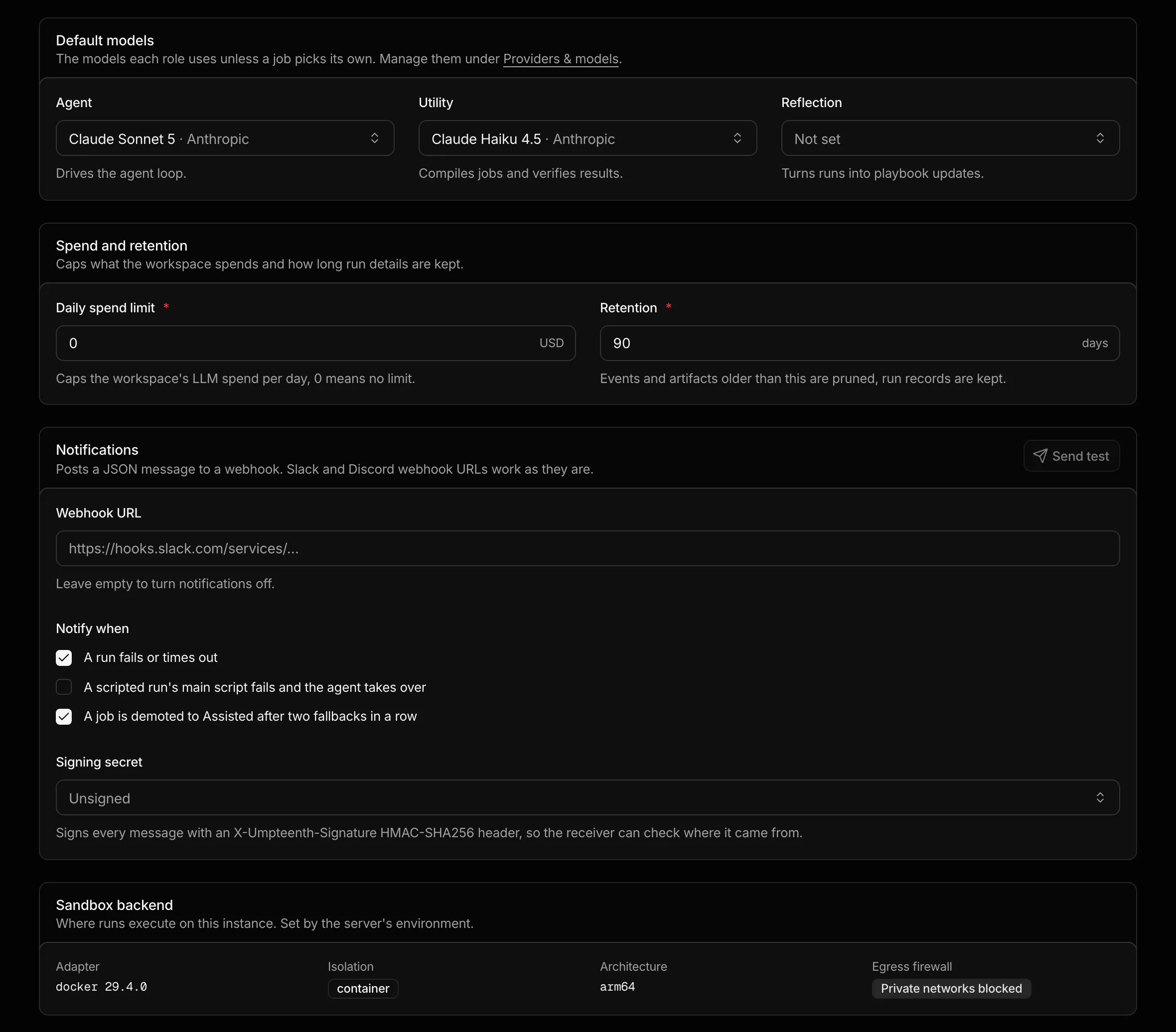 Settings, General tab, with the Default models card and the Sandbox backend card