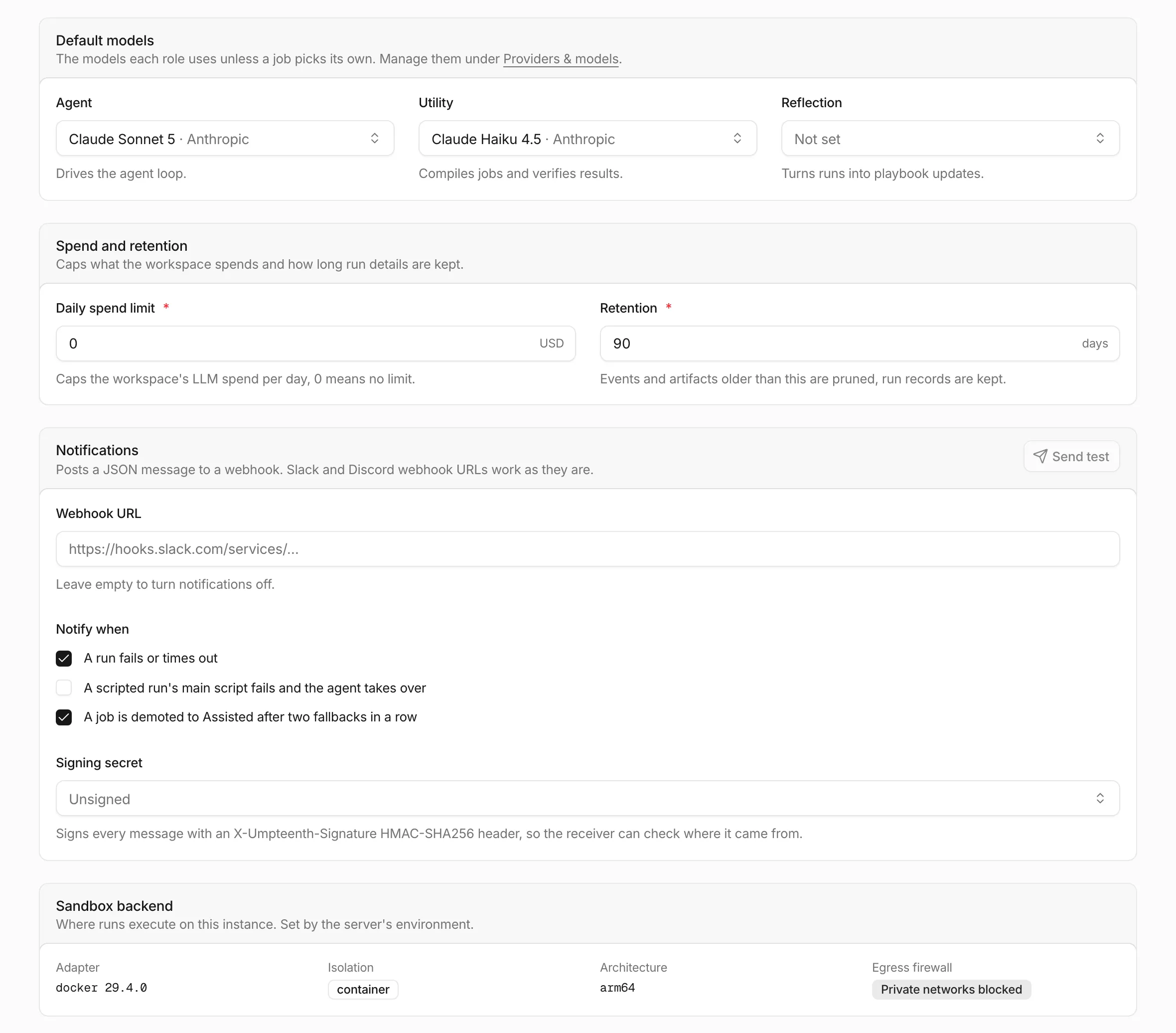 Settings, General tab, with the Default models card and the Sandbox backend card