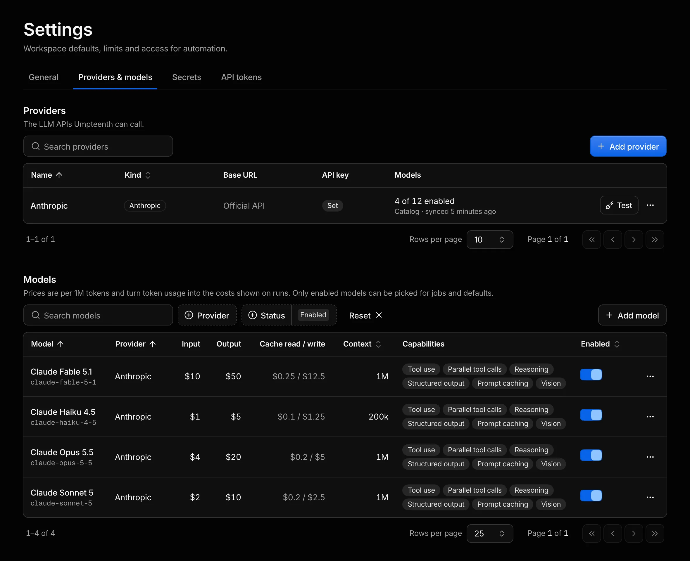 Settings, Providers & models tab, with the Anthropic provider and its Claude models
