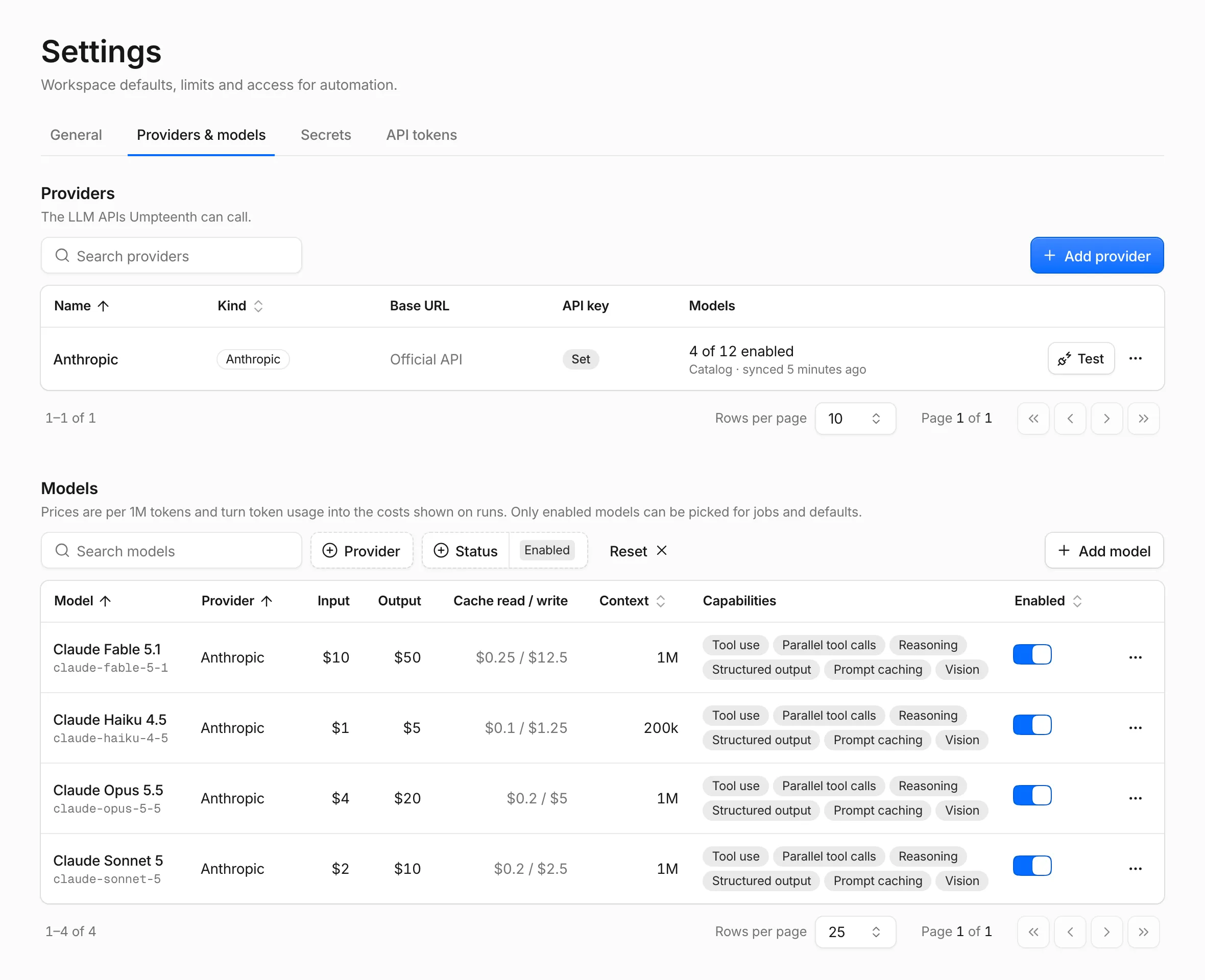 Settings, Providers & models tab, with the Anthropic provider and its Claude models